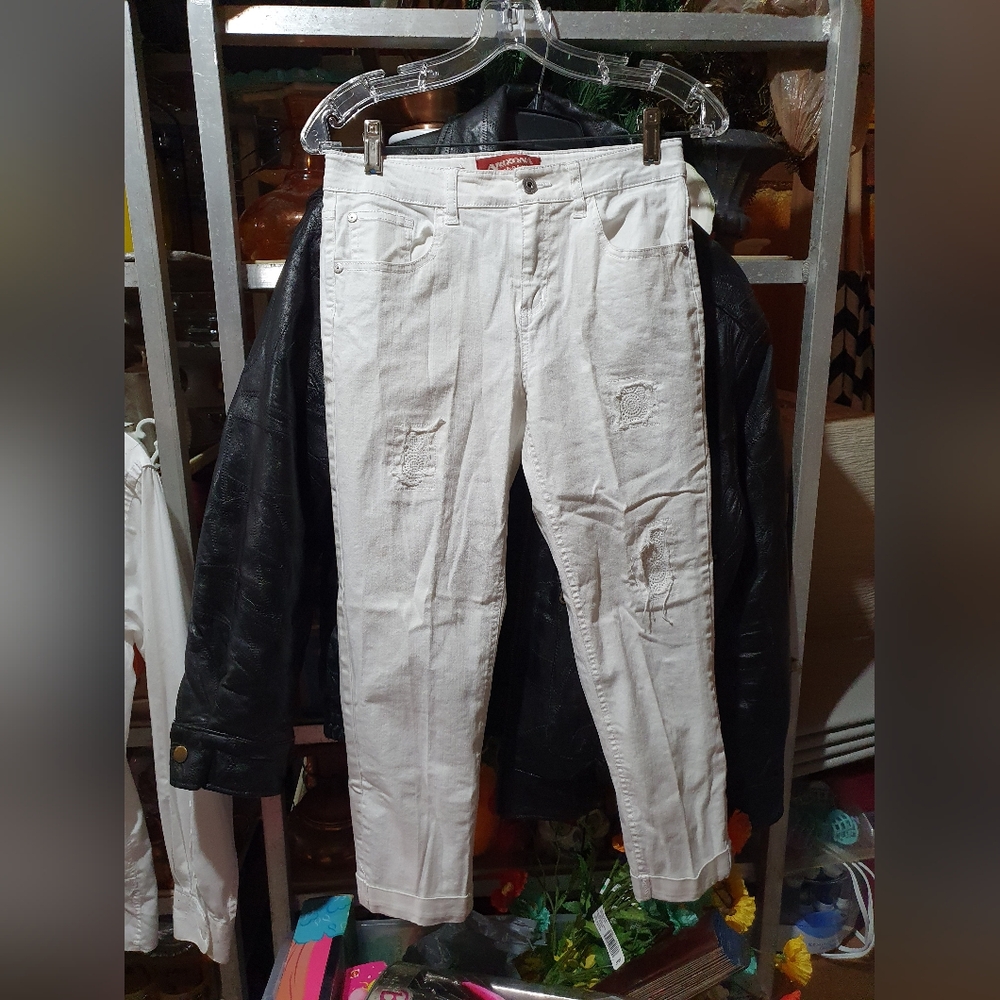White distressed crochet denim jeans